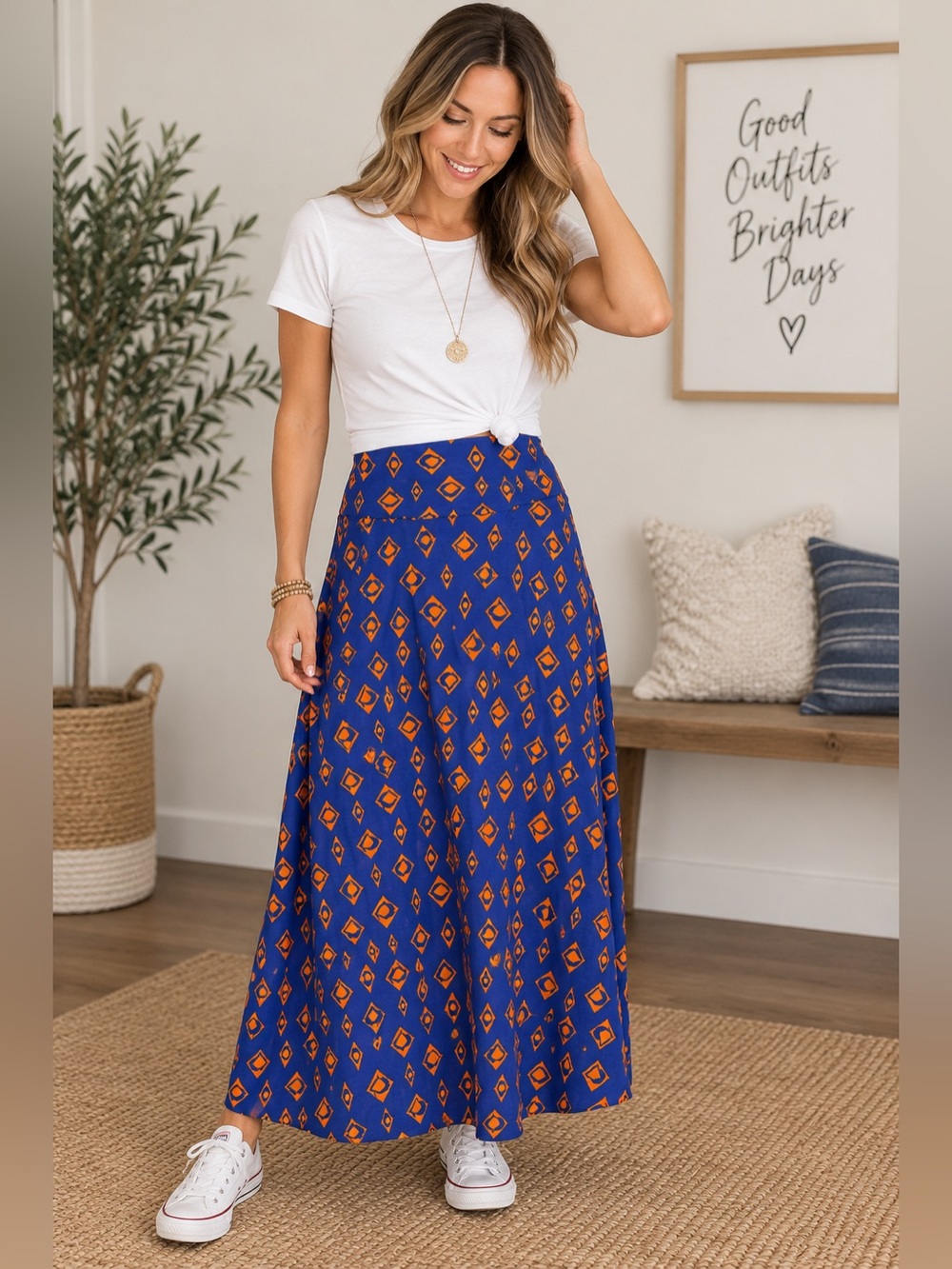 LuLaRoe Blue Maxi Skirt with Orange Diamond Print